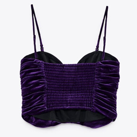 Zara Purple Velvet Ruched Crop Top with Spaghetti Straps - Size Small NWT - Picture 5 of 9